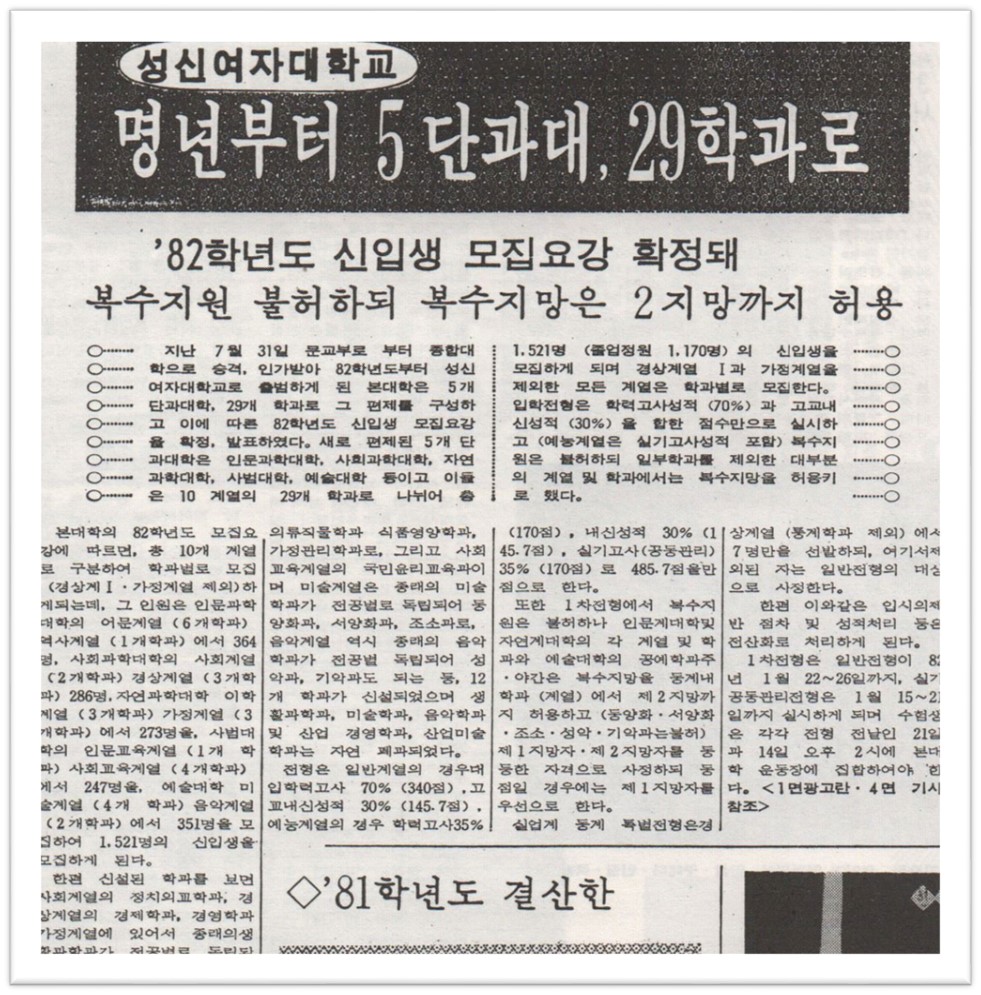 성신여자대학교 명년부터 5단과대, 29학과로